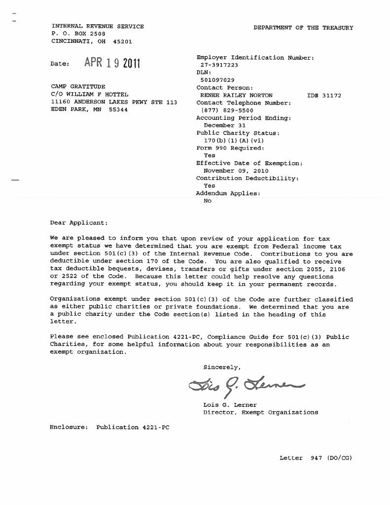 Camp Gratitude IRS 501(c)(3) determination letter